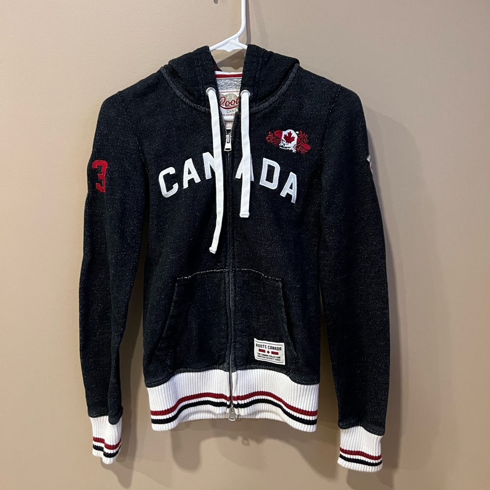 Roots Canada Warm Zip-up Sweatshirt Hoodie Black White Red XXS Vintage Logo